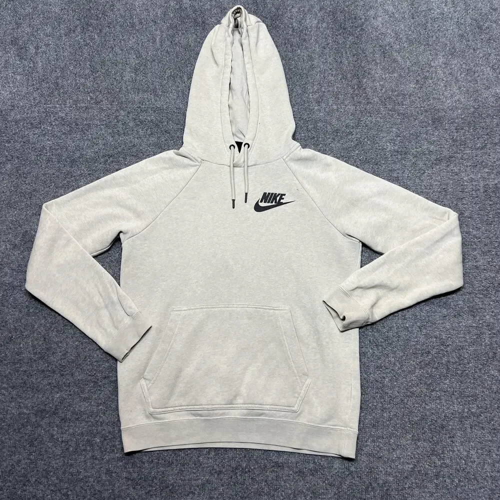 Nike Hoodie Kids XS Beige Fleece Pullover Kangaroo Pocket Swoosh Logo Sweatshirt